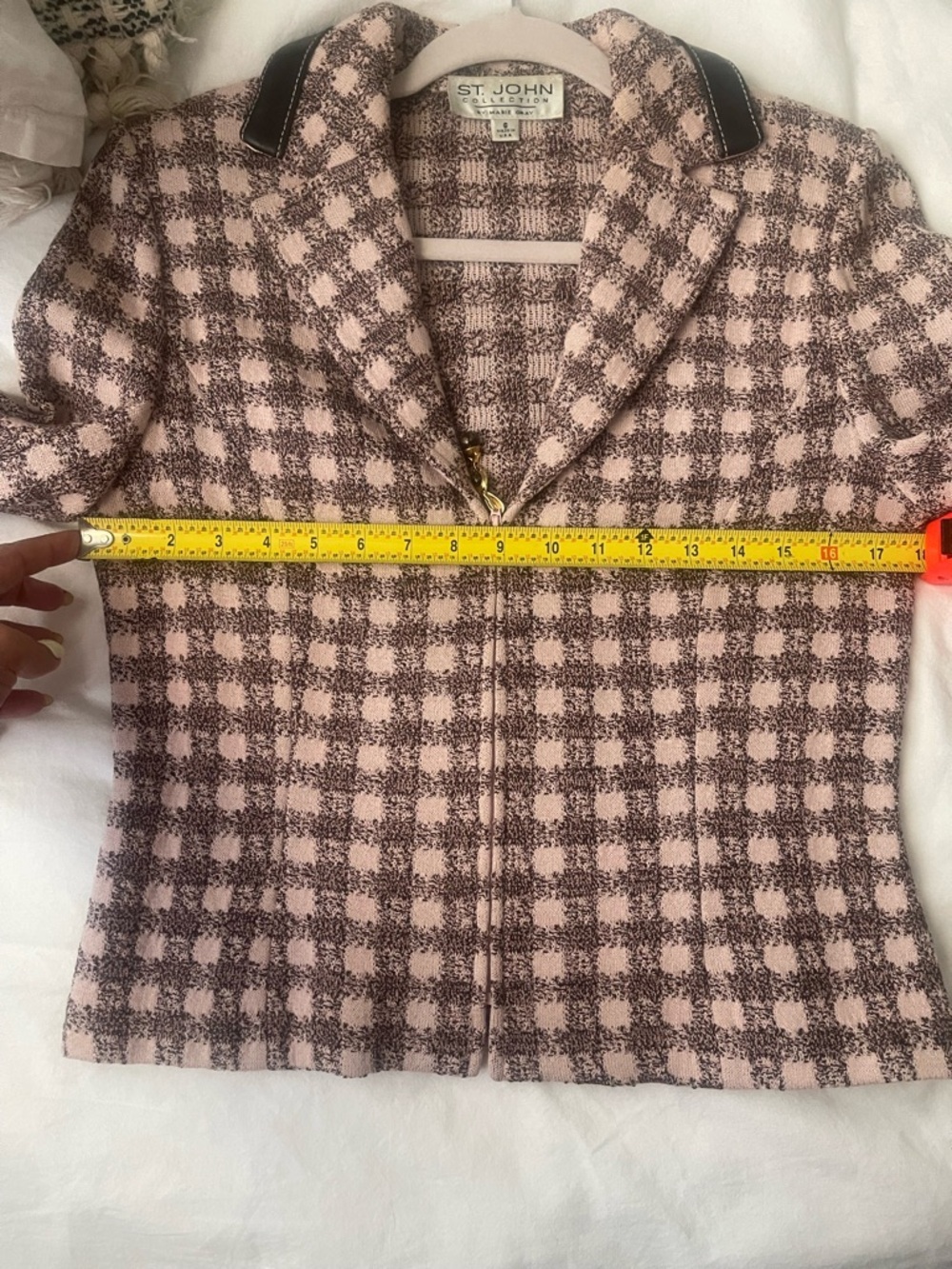 St. John Collection Brown and cream Tweed and leather Zip-Front Blazer - Picture 6 of 7